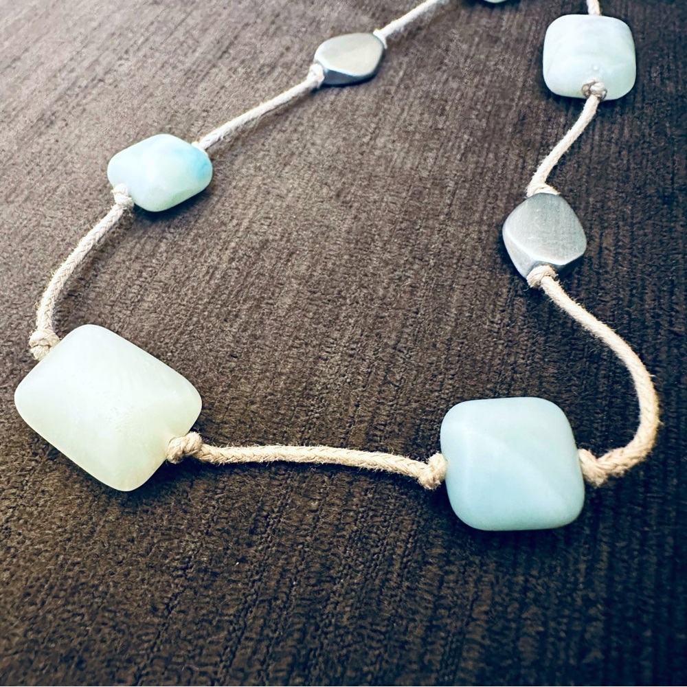 J Jill Station Necklace - Light Aqua & Silvertone Beads on Tan Cord